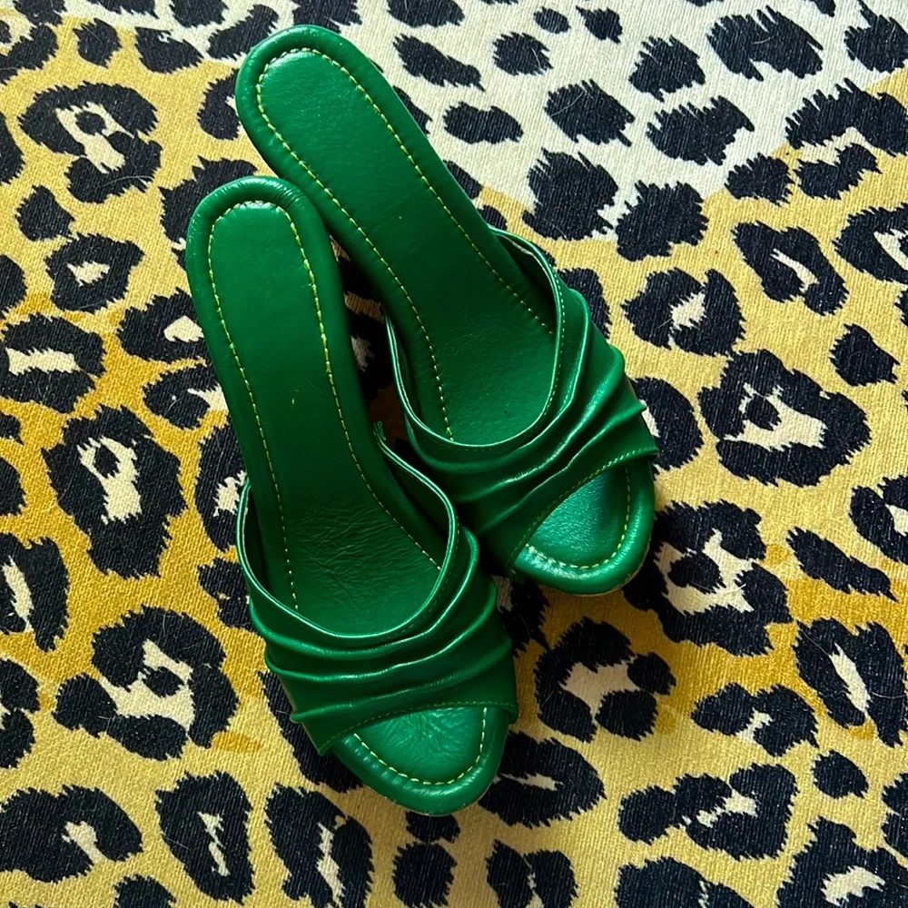 Vintage Green Satin Slide Sandals - Picture 1 of 8
